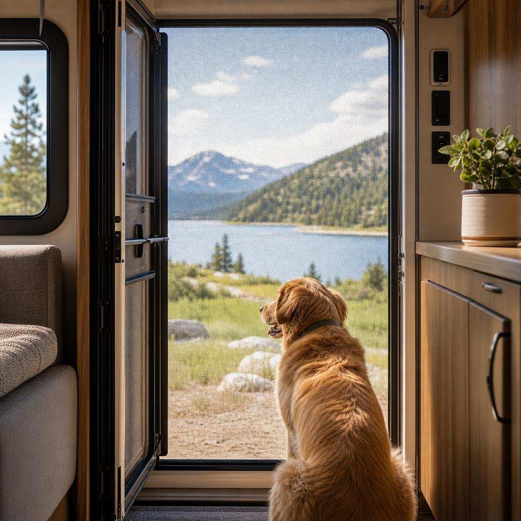 Golden retriever safely looking out through a Sturdy Screens RV door screen