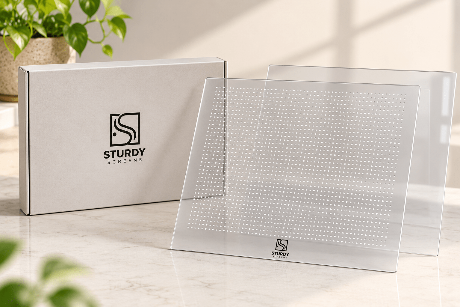 Sturdy Screens micro-perforated perspex screen panels with branded packaging box