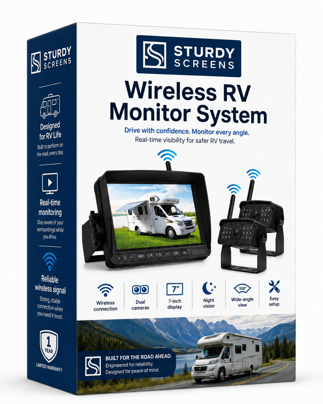 Sturdy Screens Wireless RV Monitor System with dual cameras and 7-inch display in branded packaging