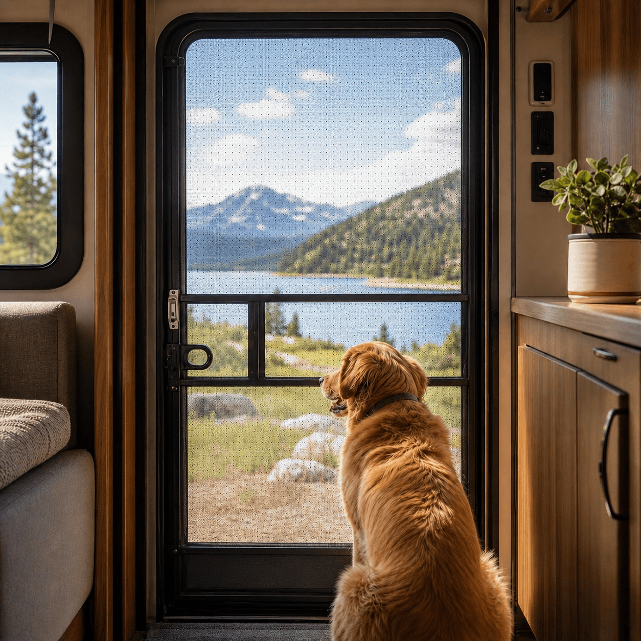 Golden retriever safely looking out through a Sturdy Screens RV door screen